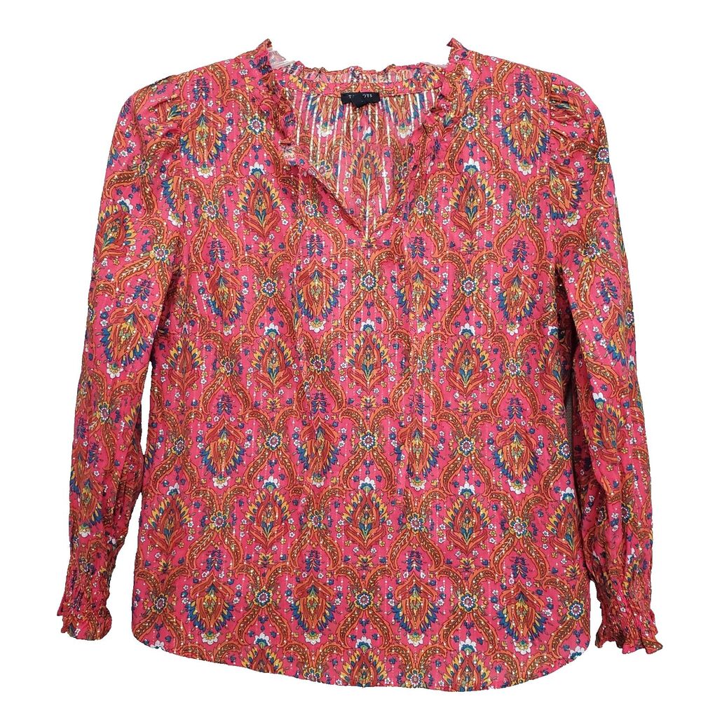 Talbots Petite Floral Metallic Tie-Neck Smocked Cuff Ruffle Collar Blouse Sz LP
